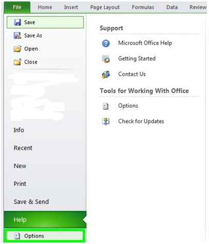  File tab and Options button in Excel